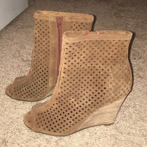 Suede perforated peep toe booties